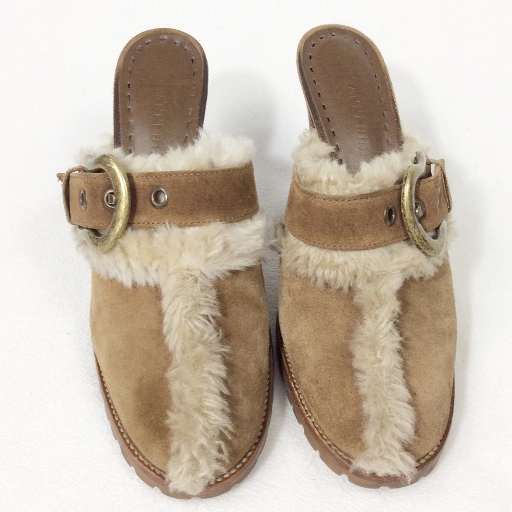 Gianni Bini Tan Faux Fur Suede Buckle Mules 6.5 - Picture 3 of 6
